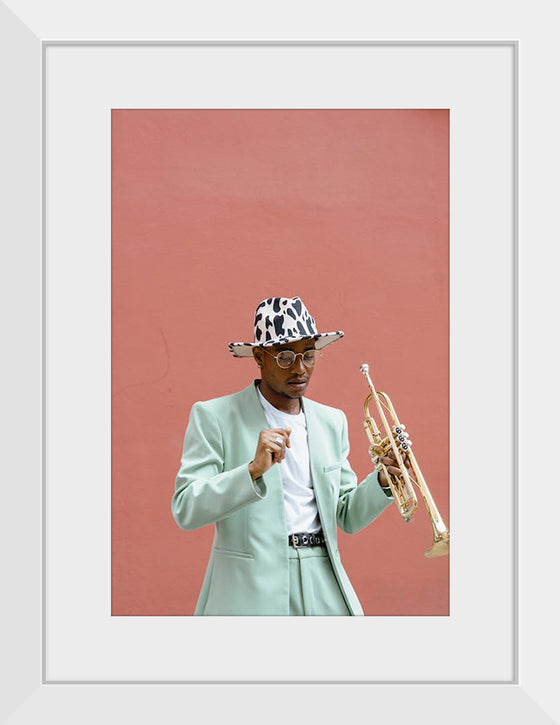 "Man in Teal Suit Holding Trumpet"