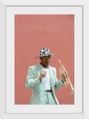 "Man in Teal Suit Holding Trumpet"