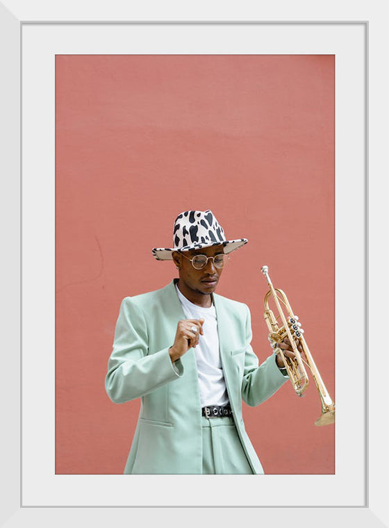 "Man in Teal Suit Holding Trumpet"