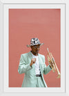 "Man in Teal Suit Holding Trumpet"