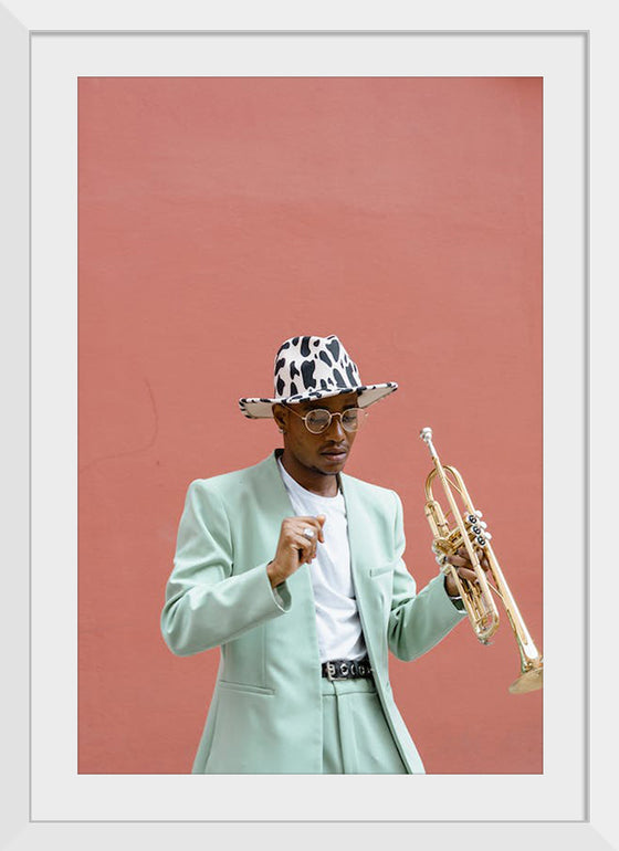 "Man in Teal Suit Holding Trumpet"