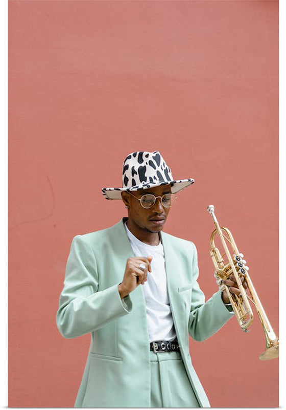 "Man in Teal Suit Holding Trumpet"