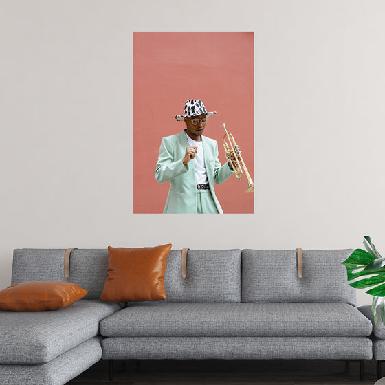 "Man in Teal Suit Holding Trumpet"