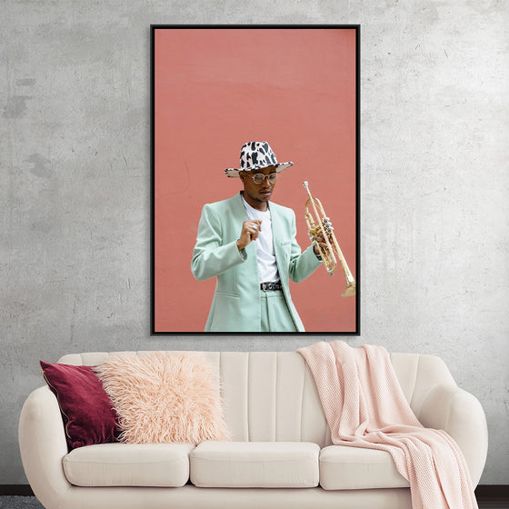 "Man in Teal Suit Holding Trumpet"