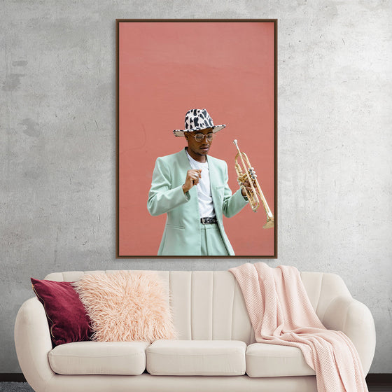 "Man in Teal Suit Holding Trumpet"