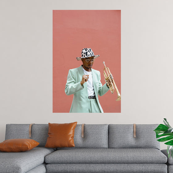 "Man in Teal Suit Holding Trumpet"