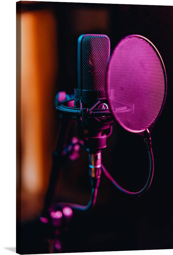 This stunning close-up photograph of a condenser microphone in a recording studio captures the magic and mystery of the creative process. The microphone is shown in all its metallic glory, with its sleek curves and gleaming surfaces. The recording studio is dark and atmospheric, with soft lighting and a sense of intimacy.