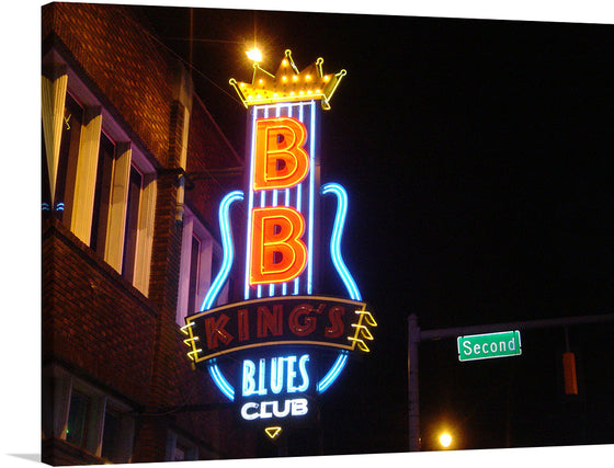 This captivating print features a close-up of BB King’s Blues Club sign, an iconic destination paying tribute to the King of the Blues, B.B. King. The neon lights in blue, red, and yellow illuminate the night sky, creating an electric atmosphere. 