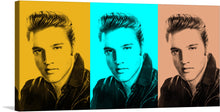  Step into the world of modern art with this striking triptych print. Titled “Elvis Presley: King of Rock”, this piece features three portraits of Elvis Presley, each rendered in a different color - yellow, blue, and brown. 