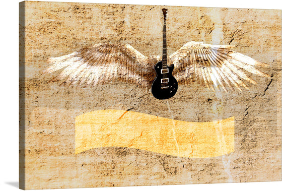 Elevate your space with “Guitar,” a captivating artwork that harmoniously blends the soul-stirring allure of music and the majestic grace of flight. In this exquisite piece, a classic black guitar is suspended mid-air, adorned with ethereal wings that signify freedom and transcendence. 