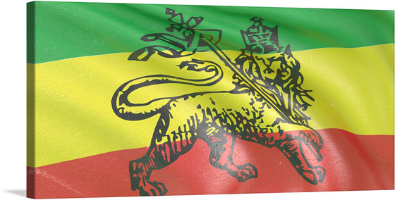 Immerse yourself in the vibrant and bold energy exuded by this exquisite print artwork. The piece showcases a majestic lion, intricately detailed, set against the backdrop of a Jamaican flag painted in striking green, yellow, and red stripes. 