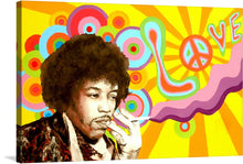  “Jimi Hendrix” is a mesmerizing piece of art that captures the essence of one of rock’s most iconic figures amidst a kaleidoscope of colors and patterns that defined a generation. The swirling hues and bold imagery, including the peace symbol and the word “LOVE,” evoke the spirit of freedom, rebellion, and innovation that Hendrix embodied. 