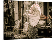  Step back in time with this evocative artwork capturing the essence of a bygone era. The focal point, an antique gramophone, stands as a testament to the golden age of music, where every note was an experience and every melody told a story. Nestled amidst opulent chairs adorned with intricate designs and set against a backdrop that exudes vintage charm, this print invites viewers into a world where elegance and artistry reign supreme. 