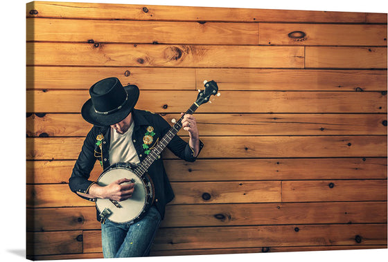 This captivating print transports you to the heart of the old west, where the soulful twang of a banjo resonates through the rugged landscape. The photo-realistic image features a musician, clad in a black cowboy hat and vest, strumming the strings of a weathered 5-string banjo.