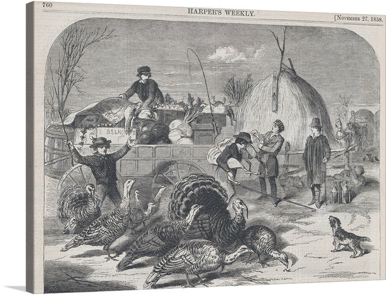 This 1858 wood engraving by American artist Winslow Homer (1836–1910) was published in Harper's Weekly on November 27, 1858. The image was a satirical take on the holiday, depicting two young women who are struggling to prepare for Thanksgiving dinner. 