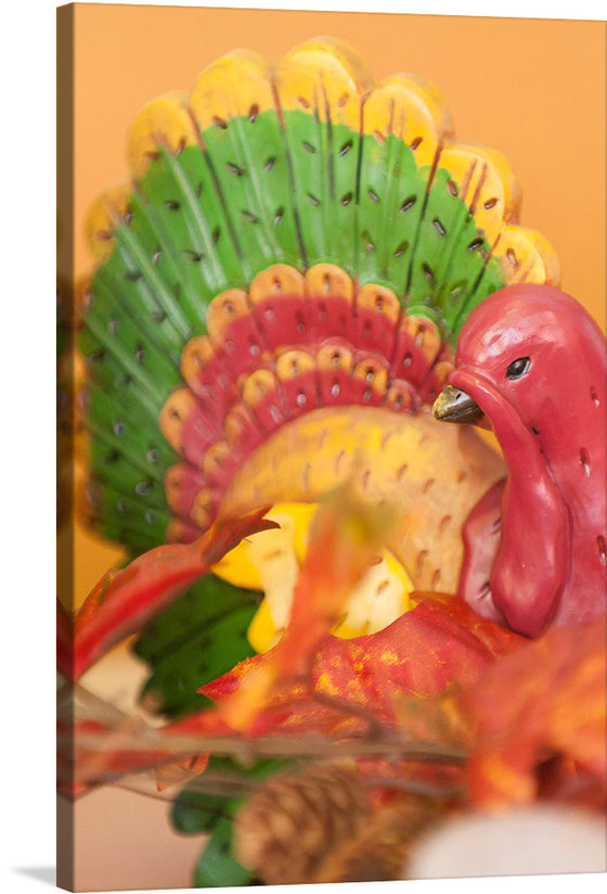 Immerse yourself in the spirit of autumn with a charming turkey figurine, its vivid palette mirroring the vibrant hues of the season. Resting on a table, this image exudes the essence of fall's enchantment. This piece is perfect for the holiday season and would look great in a kitchen, dining room, or living room.