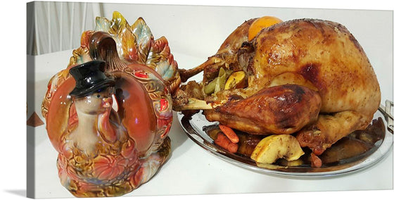 This exclusive print captures the warmth and joy of a festive feast. The artwork features a meticulously prepared roasted turkey, golden brown and succulent, resting beside an ornate ceramic turkey tureen. The rich colors and intricate details evoke the essence of a cherished family gathering. This print is more than just a decoration; it’s a celebration of tradition, a testament to the art of cooking, and a tribute to the joy of sharing a meal with loved ones.