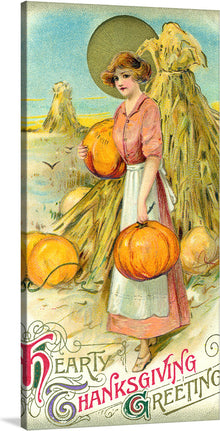  Step into the world of nostalgia with this exquisite art print. The artwork captures the serene beauty of an early Thanksgiving greeting. A figure, adorned in traditional attire, gracefully holds pumpkins amidst a backdrop of golden haystacks under the tranquil sky. Every brushstroke tells a story of harvest, gratitude, and the changing seasons. This piece is a timeless addition to any art collection or home décor.