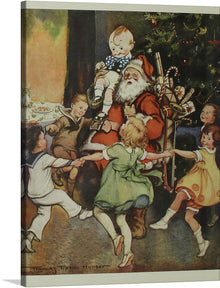  Immerse yourself in the enchanting world of holiday cheer with this exquisite print of a classic artwork by Frances Tipton Hunter. The scene captures a magical moment where children, adorned in vintage attire, dance and play around a jolly figure embodying the spirit of Christmas. The rich, warm hues and intricate details breathe life into this scene, making it a timeless piece that invites viewers to step back in time and relive the pure joy and wonder of the festive season. 