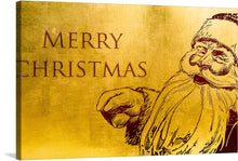  The print features a vintage-inspired illustration of Santa Claus on a gold background, with the words “Merry Christmas” written in an elegant script. 