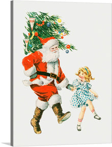  Step into the magical world of Christmas with this enchanting print, capturing the timeless joy and wonder of the holiday season. In this piece, a jolly Santa Claus, adorned in his iconic red suit, shares a delightful moment with a child under the radiant glow of a beautifully decorated Christmas tree. 