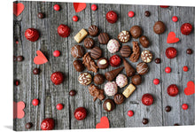  This beautiful print is perfect for the holiday season or Valentine’s Day. It features a heart made of delicious chocolates, surrounded by red hearts and foil-wrapped candies. 