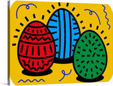  Step into the vibrant world of “Lithuanian Easter Eggs” with this exquisite print. The artwork captures three intricately designed eggs, each adorned with traditional patterns and bold colors, symbolizing rebirth and renewal. Set against a radiant yellow background, these eggs cast a warm glow that invites viewers into a festive atmosphere. 