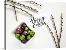  “Happy Easter” is a captivating artwork that encapsulates the joy and renewal of the Easter season. The print features vibrantly colored eggs, each meticulously detailed to reflect the warmth and excitement of spring. Nestled in a pristine white bowl, these eggs are contrasted beautifully by the tender blossoms of pussy willow branches that frame the composition.