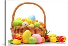  “Easter eggs basket” is a beautiful print that captures the essence of Easter. The print features a wicker basket filled with colorful Easter eggs, including polka dots, stripes, and flowers. There are also a few yellow and red tulips in the basket, adding a touch of elegance to the print. The background is white, which makes the colors of the eggs and tulips stand out even more. This print would make a great addition to any home or office space, adding a touch of playfulness and joy to your decor.