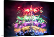  “Awesome Colorful Fireworks” is a stunning print that captures the excitement and energy of Independence Day in the USA. The vibrant colors and dynamic composition make this print a perfect addition to any space, bringing a sense of celebration and joy. The artwork features a photo-realistic image of a fireworks display over the Eiffel Tower. The fireworks are in various colors, including red, green, purple, and yellow. The Eiffel Tower is lit up in a golden color and is visible through the fireworks.