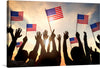 This artwork, titled “Silhouettes of People Holding the Flag of USA,” captures a powerful moment of national pride. Silhouetted hands reach towards the sky, each proudly waving the American flag against the serene backdrop of a golden sunset. 