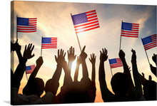  This artwork, titled “Silhouettes of People Holding the Flag of USA,” captures a powerful moment of national pride. Silhouetted hands reach towards the sky, each proudly waving the American flag against the serene backdrop of a golden sunset. 