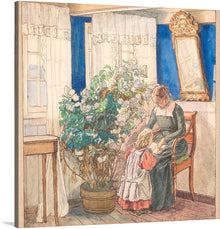  Immerse yourself in the tender and serene world of “Mother and Child Looking at Pictures” by Fritz Syberg. This exquisite print captures a timeless moment of familial bond, as a mother and child delve into the pages of an illustrated book. The artwork is imbued with a warm, inviting glow that illuminates the intricate details - from the delicate lace curtains to the lush indoor plant bathing in sunlight.