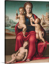 This beautiful painting by Bartolomeo Ghetti depicts the Virgin Mary breastfeeding the Christ Child and the Infant Saint John the Baptist. Mary is seated on a throne, wearing a red robe and a blue mantle. She has a serene expression on her face as she nurses her son. Saint John is standing to her right, wearing a camel's hair cloak and holding a staff with a cross at the top.