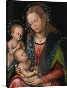  “Mary with the Child and Little Johannes” is a captivating artwork that exudes an aura of divine serenity and maternal warmth. The exquisite detailing captures Mary in a moment of tender affection, her gaze imbued with love and grace. The child Jesus and little Johannes are depicted with angelic innocence, their cherubic faces radiating purity.