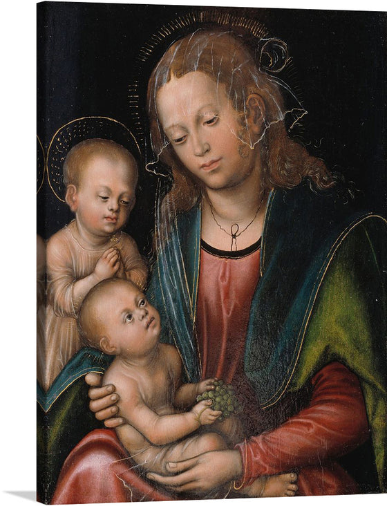 “Mary with the Child and Little Johannes” is a captivating artwork that exudes an aura of divine serenity and maternal warmth. The exquisite detailing captures Mary in a moment of tender affection, her gaze imbued with love and grace. The child Jesus and little Johannes are depicted with angelic innocence, their cherubic faces radiating purity.