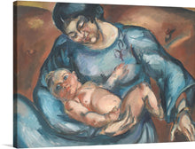  This exquisite artwork, available as a print, captures a tender embrace that paints a narrative of affection and maternal warmth. The figure, clothed in a blue garment, holding a child, invites viewers into a moment that is as intimate as it is universal. The background, with its warm tones and abstract shapes, adds depth and dimension to the piece. 