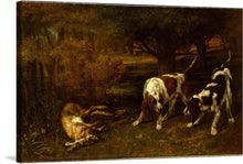  Immerse yourself in the timeless elegance of this exquisite artwork, now available as a premium print. The masterful brushstrokes bring to life a tranquil woodland scene where two majestic dogs explore their natural surroundings. A fallen hare lies nearby, adding a touch of drama and narrative intrigue. Every element, from the dappled sunlight filtering through the lush canopy to the intricate textures of the animals’ coats, is captured with an artist’s precision and passion.