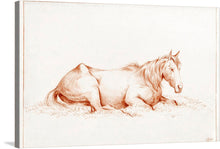  Introducing our exclusive print, “Horse Lying in the Grass (1815),” by Jean Bernard is a delicate and masterful sketch of a serene horse at rest. Every stroke and detail, from the flowing mane to the gentle eyes, captures the essence of this majestic creature’s calm and graceful spirit. Rendered in soft yet expressive lines, this artwork invites viewers into a moment of tranquility and connection with nature.