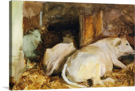 “Three Oxen (ca. 1910)” by John Singer Sargent invites you into the rustic and serene beauty of pastoral life. This exquisite print captures the tranquil essence of three oxen resting peacefully amidst a warm, earthy landscape. Sargent’s masterful brushwork brings to life the gentle creatures, their soft forms illuminated against the rich, dark backdrop of a barn interior. 