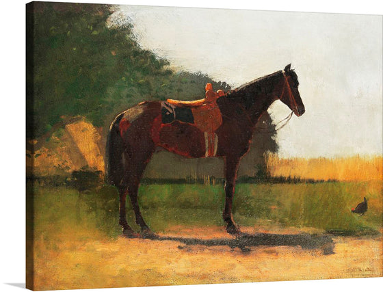 “Saddle Horse in Farm Yard” by Winslow Homer is a stunning artwork that captures the beauty of nature and the majesty of a saddle horse. The painting features a dark brown saddle horse standing prominently in the foreground, adorned with red saddle and reins. In the background, there’s lush greenery and what appears to be part of farm structures barely visible through thick foliage. 