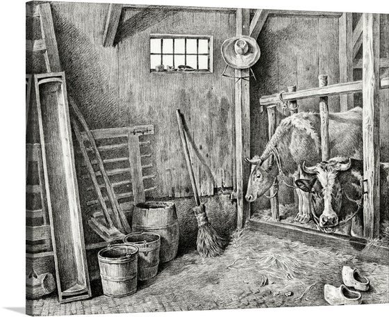 Immerse yourself in the rustic charm encapsulated within this exquisite artwork. Every stroke meticulously captures the intricate details of a countryside barn - from the coarse texture of the wooden walls and ladders to the serene gaze of two oxen. The play of light filtering through a small window illuminates an array of farm tools and hay, casting shadows that dance gracefully, adding depth and emotion.