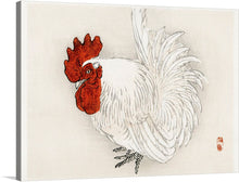   The artwork, rendered with exquisite detail, features a majestic Japanese Bantam rooster, its red comb contrasting beautifully against the soft white plumage. Every feather is intricately detailed, showcasing the artist’s meticulous craftsmanship. 