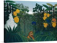  “The Repast of the Lion (1907)” by Henri Rousseau invites you into a lush, otherworldly jungle where reality and imagination intertwine. In this mesmerizing print, a majestic lion reclines amidst vibrant greenery, its golden coat blending seamlessly with the tropical foliage. Rousseau’s self-taught mastery shines through every leaf, petal, and whisker, creating a scene that is both tranquil and wild.