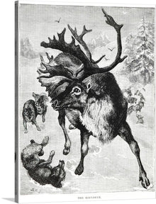  Introducing “Reindeer,” a captivating artwork that transports you to a serene, snowy landscape where the majesty of nature unfolds. This exquisite print captures the raw power and grace of a magnificent reindeer, surrounded by playful wolves in an enchanting dance of survival and beauty. Every intricate detail, from the reindeer’s expansive antlers to the wolves’ expressive movements, is rendered with exceptional skill to bring this dynamic scene to life. 