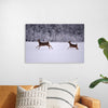 "Two white-tailed deer run through the snow"