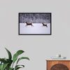 "Two white-tailed deer run through the snow"