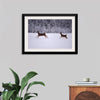 "Two white-tailed deer run through the snow"