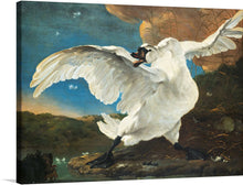  “The Threatened Swan (1650)” by Jan Asselijn is a captivating masterpiece that encapsulates both elegance and intensity. In this exquisite print, a large white swan takes center stage, its wings defiantly spread wide. The swan stands on a rocky shore, amidst lush vegetation, fiercely defending its territory. Asselijn’s masterful brushwork brings the swan’s pristine feathers to life, creating a striking contrast against the dark, tumultuous skies.