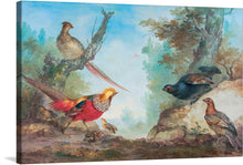  This painting is of 4 birds in their natural habitat. The background has beautiful trees, and the ground is covered in rocks making this painting close to life like. The colors in the painting are vivid and bright. Every component is blended to perfection.